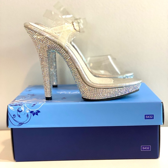 Clear platform heels with ankle strap and crystals size 6 - Picture 2 of 15